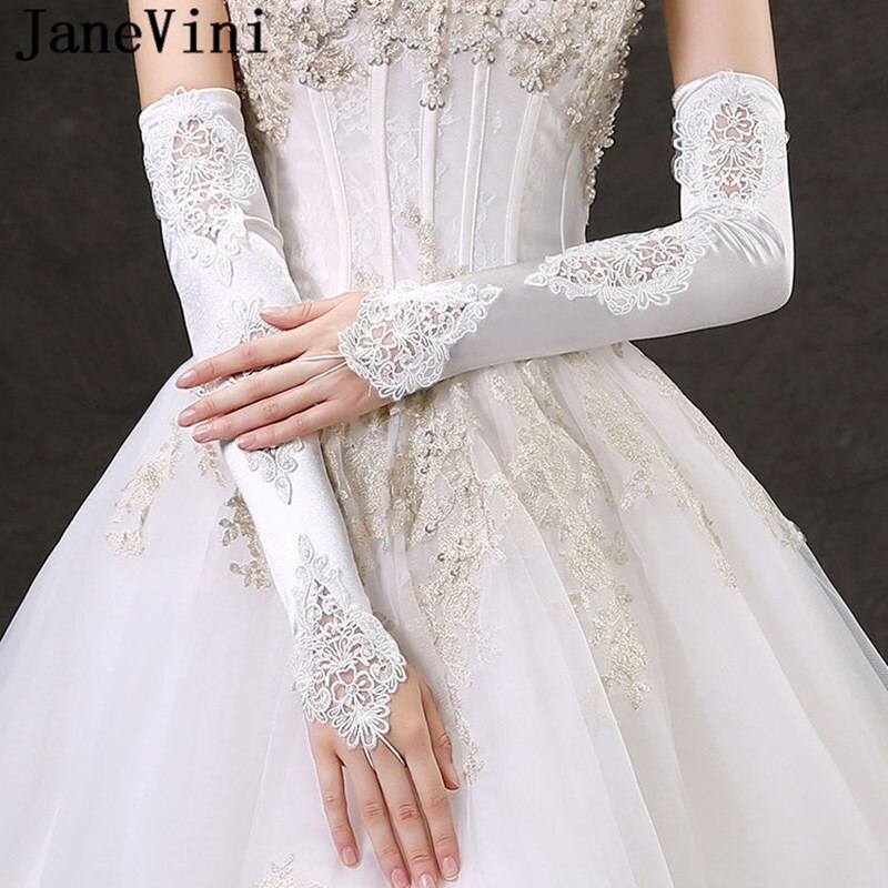 JaneVini Fingerless Long White Wedding Gloves for Bride Satin Lace Opera Length Bridal Gloves Women Party Hand Gloves