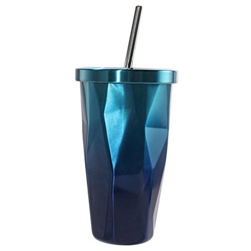 Rvs Beker met Stro-Warm en Koud Dubbele Wand Drinkbekers Koffie Mokken 500ML Onregelmatige Diamant met deksel (blauw)