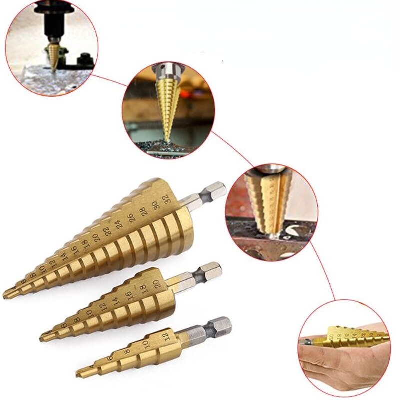 3-12mm 4-12mm 4-20mm HSS Straight Groove Step Drill Bit Set Titanium Coated Wood Metal Hole Cutter Core Drill Bit Set