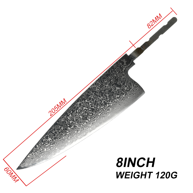 GRANDSHARP Japanese Chef Knifes Blank Blade DIY Damascus Steel VG10 Kitchen Knives Cutlery DIY Knife Making Tool without Handle: 8in Chef Knife