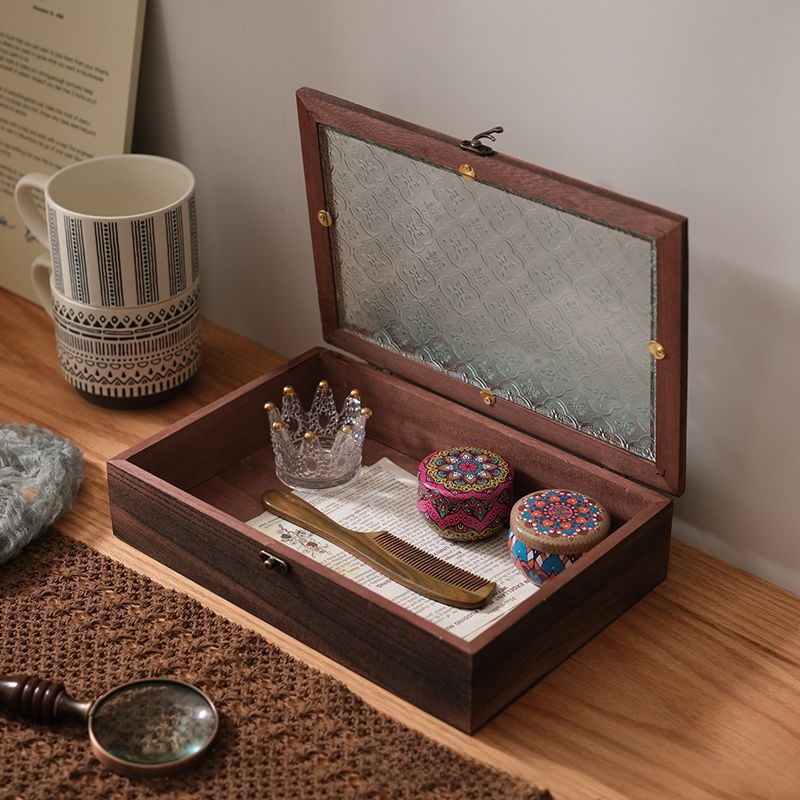 Retro trä dammtät förvaringslåda med fliplock i glas skrivbord smyckeskrin fukttät oxidationssäker verktygslåda för hemmabruk