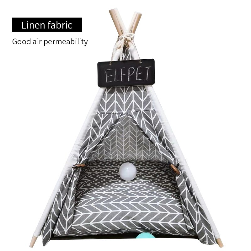 Casa tipi portátil para mascotas, tienda de campaña con cojín grueso y pizarra para interiores, casas modernas para cachorros y gatitos: linen 03
