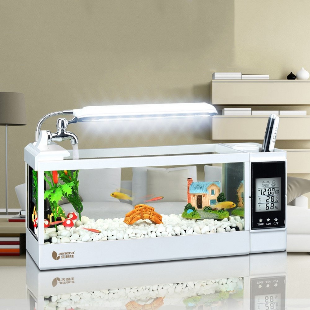 LED Light Aquarium Multifunction Clock Fish Bowl Mini Eco Small Office Desktop Landscape Glass Goldfish Building block