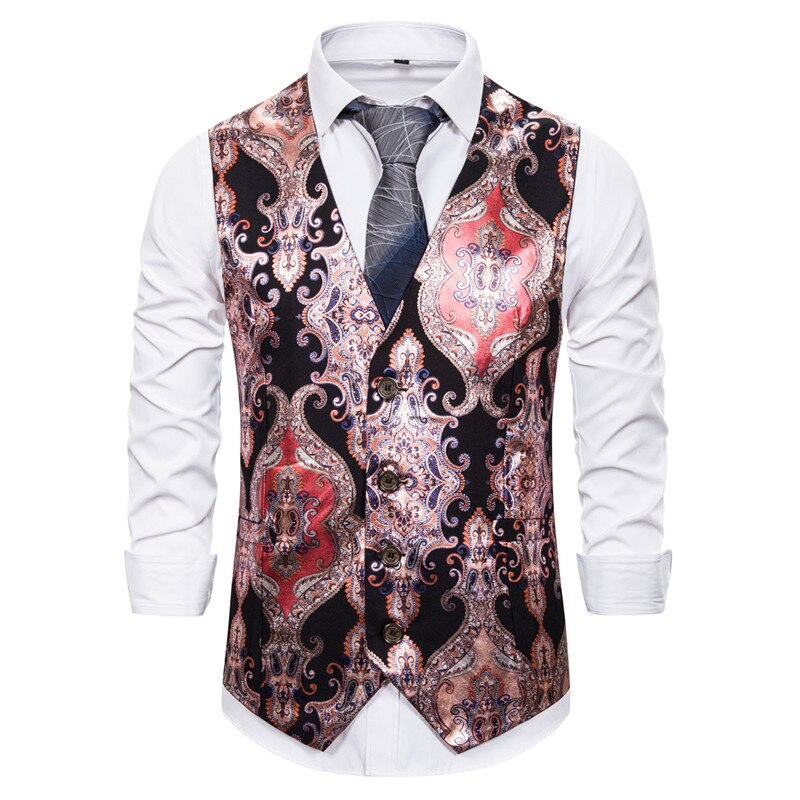 Steampunk Men Suit Waistcoat Luxury Brand Palace Style Floral Print Night Club Prom Slim Wedding Vest