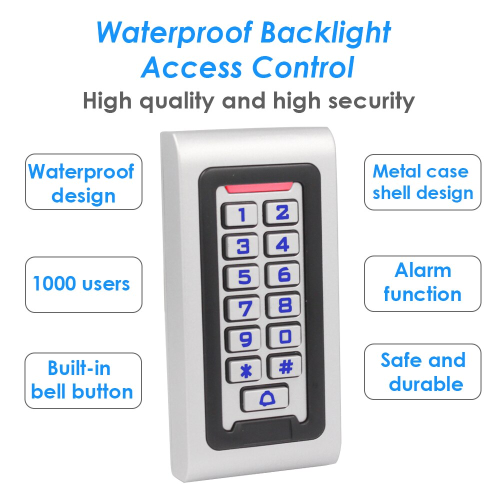 Backligt 125Khz Rfid Standalone Toegangscontrole Systeem IP65 Waterdichte Metalen Toetsenbord Proximity Kaart 1000 Gebruikers Toegang Controler