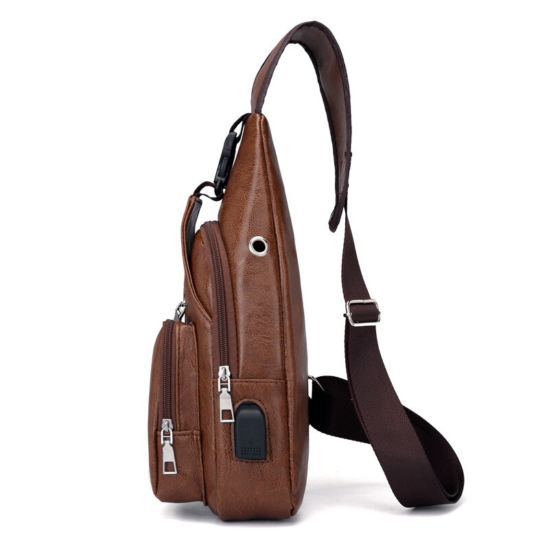 Mini USB Interface Plenty of Space Mens Casual Bag Outdoor Sling Bag Travel Day Pack PU Leather Chest Bag Crossbody Ba