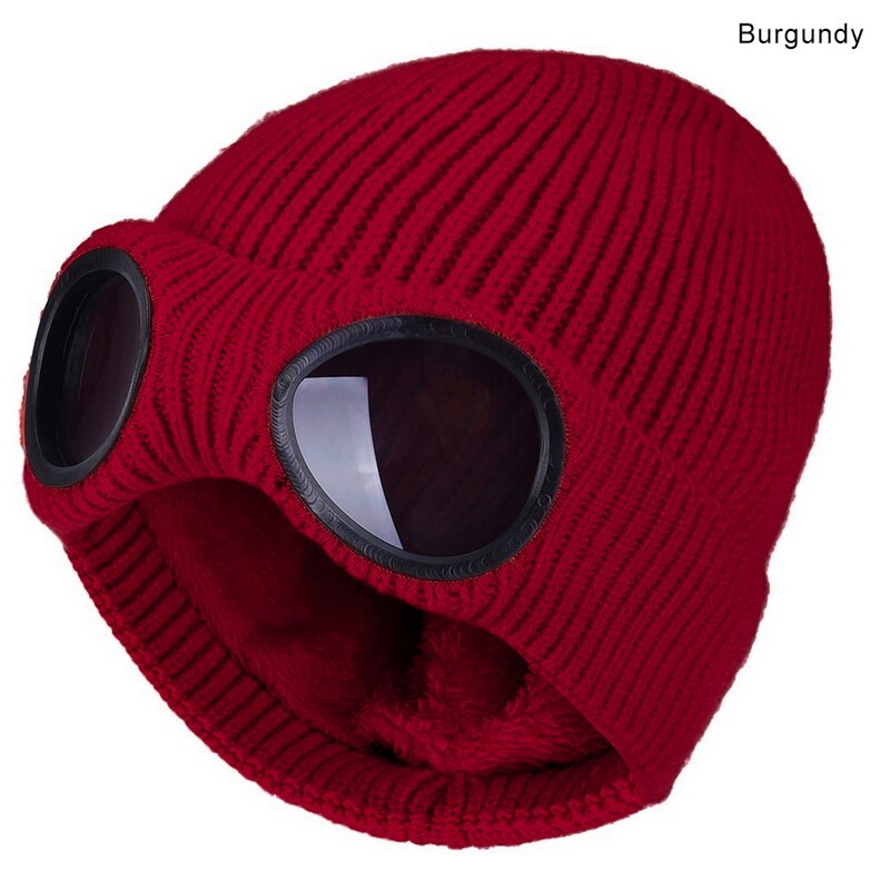 Winter Warm Knit Hats Unisex Adult Windproof Ski Caps With Removable Glasses Thicken Sports Multi-function Caps: wine red