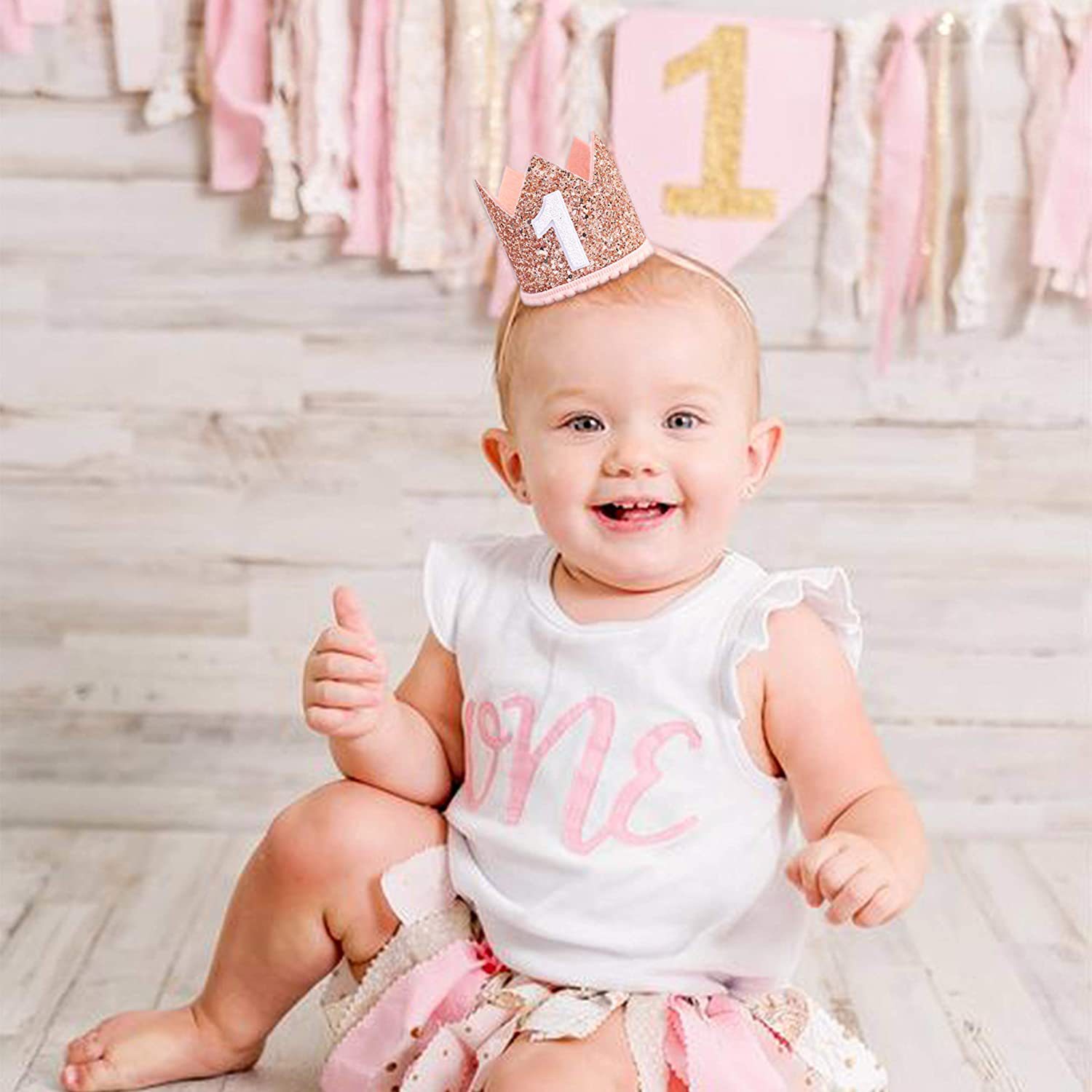 Pink One Birthday Crown Baby One Year Old Birthday Cheer First Birthday Rose Baby 1st Happy Birthday Party Decor Kids Girl Balon