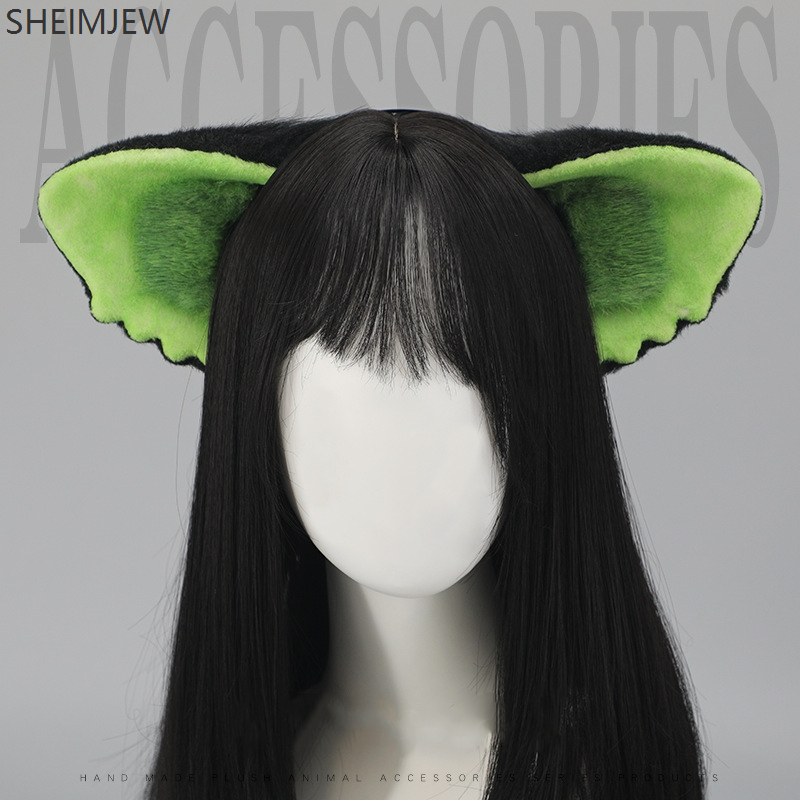 Tocado de felpa de Anime, accesorios para el cabello, bonito tocado verde con orejas de gato negro, diadema peluda de Lolita, disfraz de juego de rol, diadema, accesorio