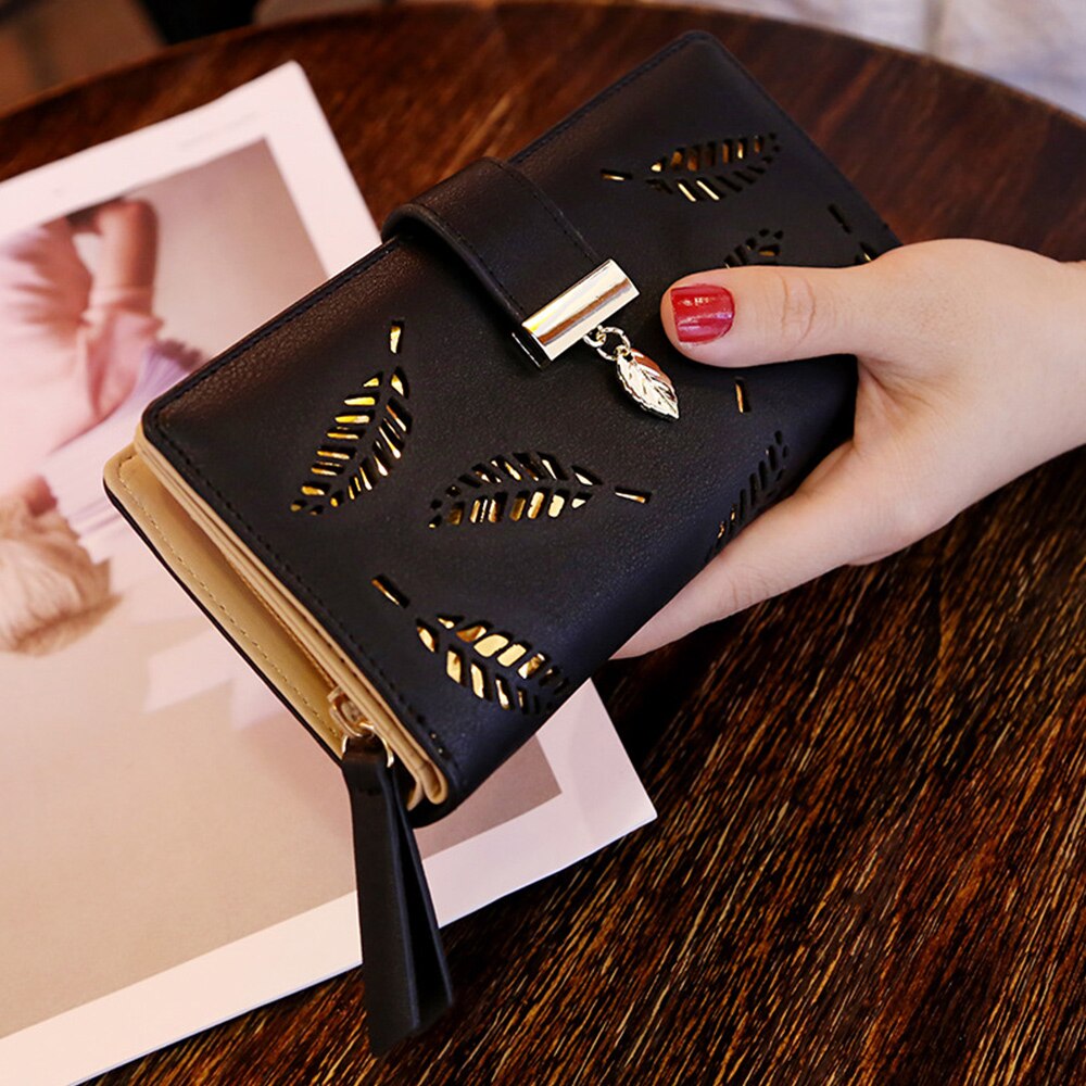 Women Long Wallet PU Leather Purse Female Long Wallet Gold Hollow Leaves Pouch Handbag For Women Coin Purse Card Holders Clutch