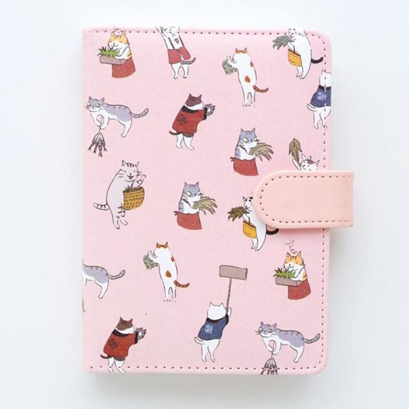 1Pc Notebook Stationery Cute Cat Printed Leather Cover Kids Notebook Color Paper Binder Diary: pink
