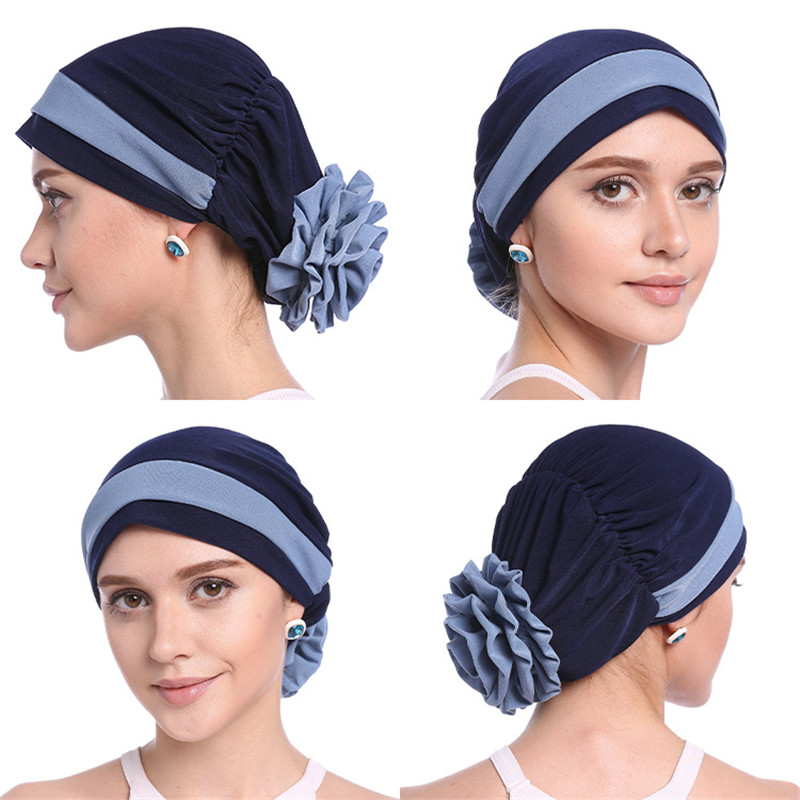 H133 frente dos colores turbante hijab estiramiento interior Hijabs cobertura completa gorras listas para usar mujeres pañuelo para la cabeza debajo del Hijab Bo: Azul