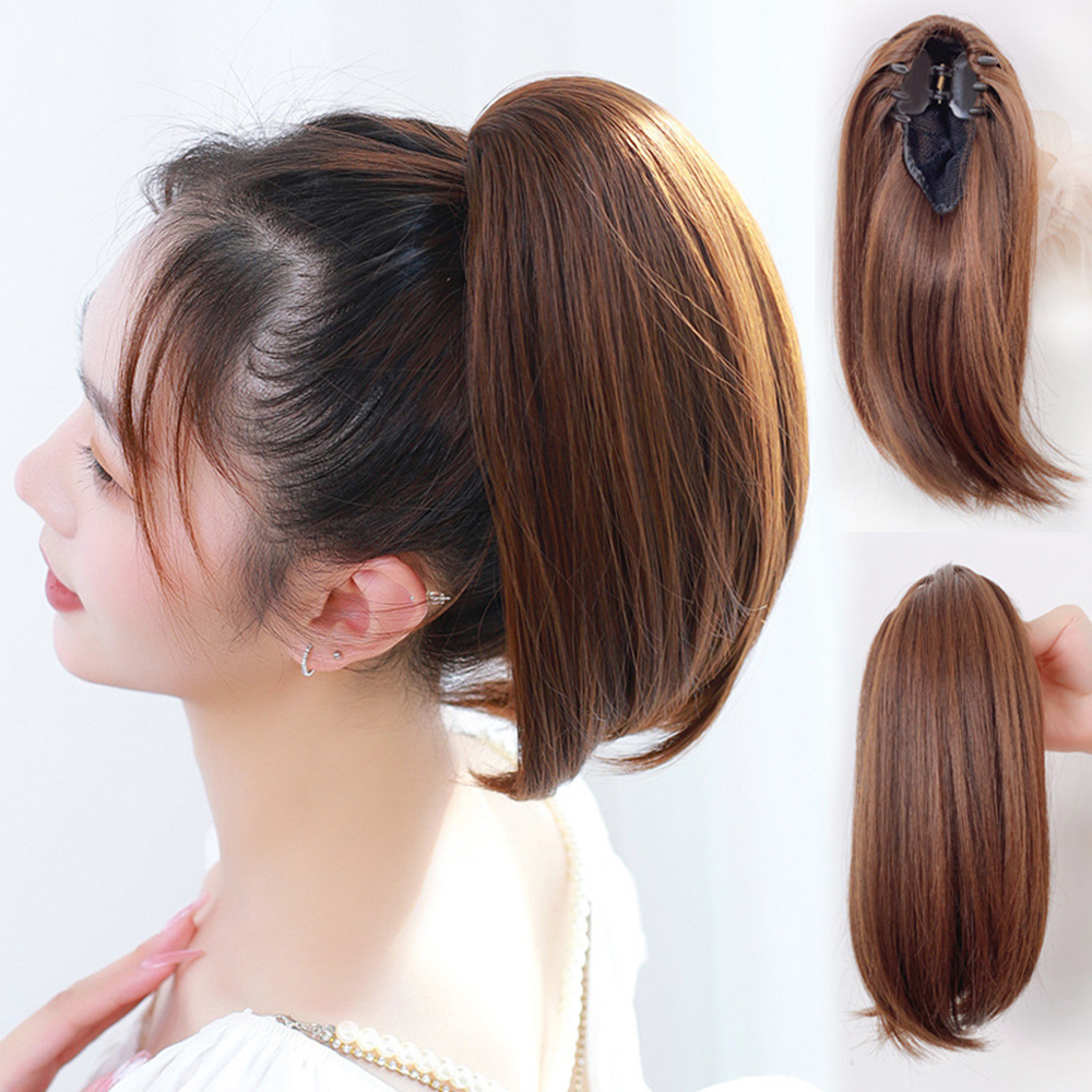 Pelucas sintéticas con Clip de cola de caballo recta corta de 38cm para mujeres extensiones de cabello de cola de caballo falsas ligeramente deformadas y esponjosas naturales