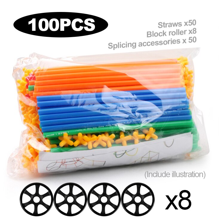 4D DIY Straw Building Blocks Plastic Stitching Inserted Construction Assembled Blocks Bricks Educational Toys for Children: 100pcs-8Roller