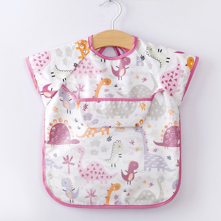 Enfant bébé Art Smock alimentation bavoir tablier poche imperméable chiffons manches longues avec receveur de nourriture: B Pink dinosaur / 90cm