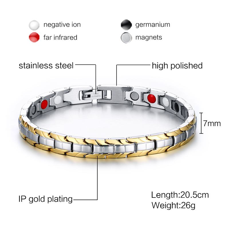 Vnox 7mm Width Health Care Magnetic Bracelet Stainless Steel Chain for Women Adjustable Length