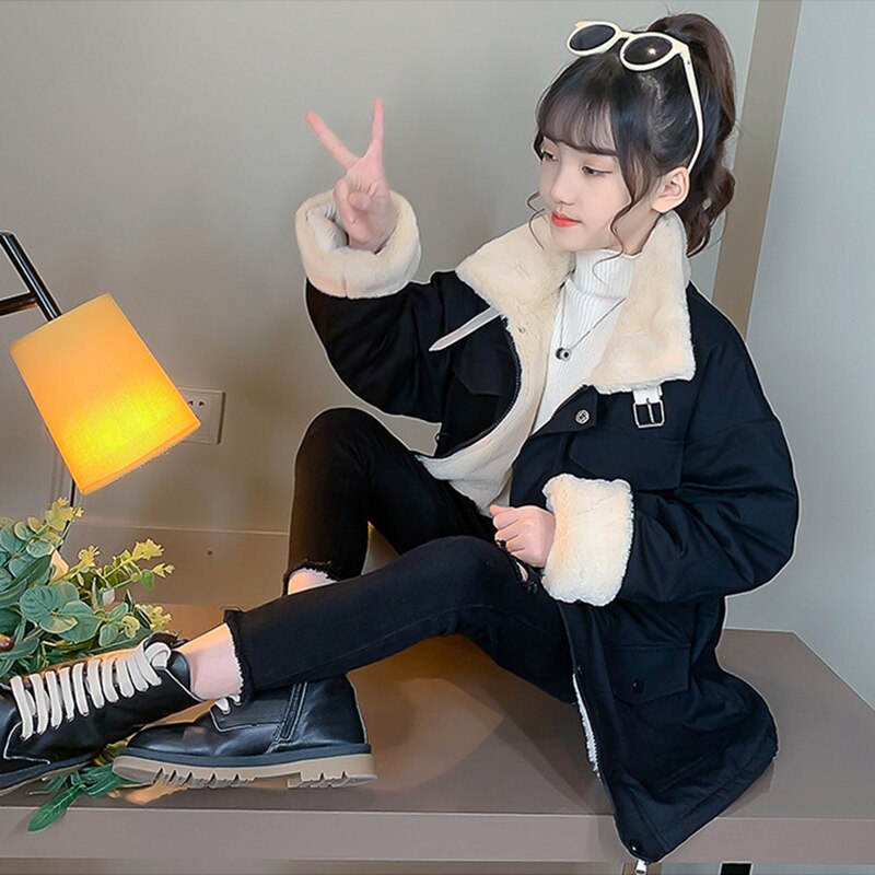 Winter Girls Outerwears Teenager Coats for Girls Solid Turn-down Collar Style Kids Trench preppy style girls