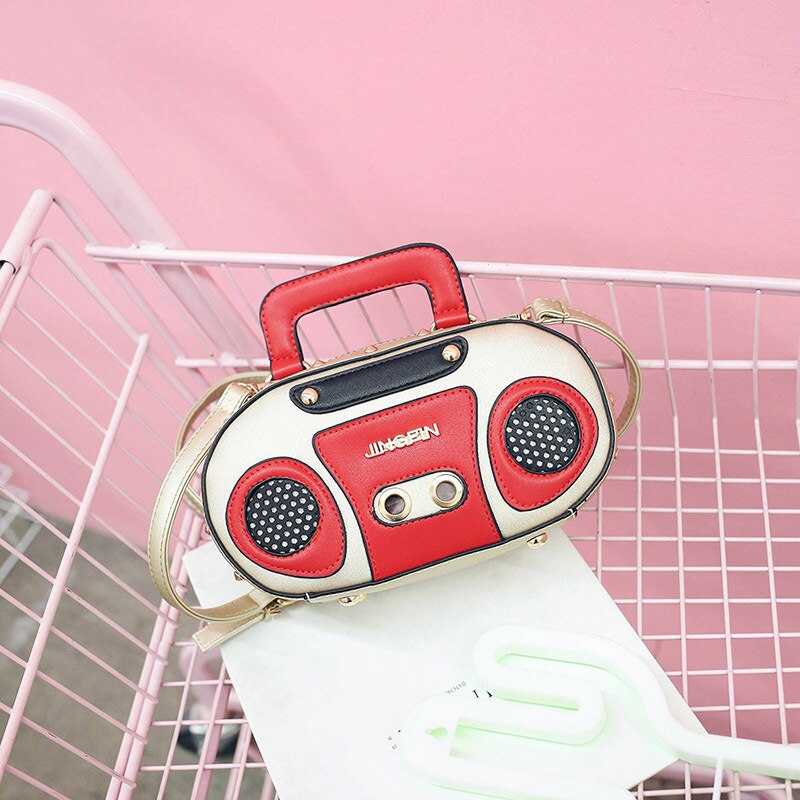 Sjov personlighed retro radio håndtaske dame afslappet totes skuldertaske kvindelig crossbody mini messenger crossbody: Hvid