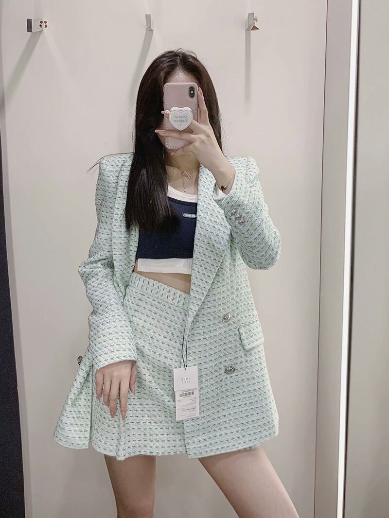 Suit Set 2 piece set women Plaid Tweed Blazer+Skirts Sets Vintage Double Breasted Woman Two Pieces Sets