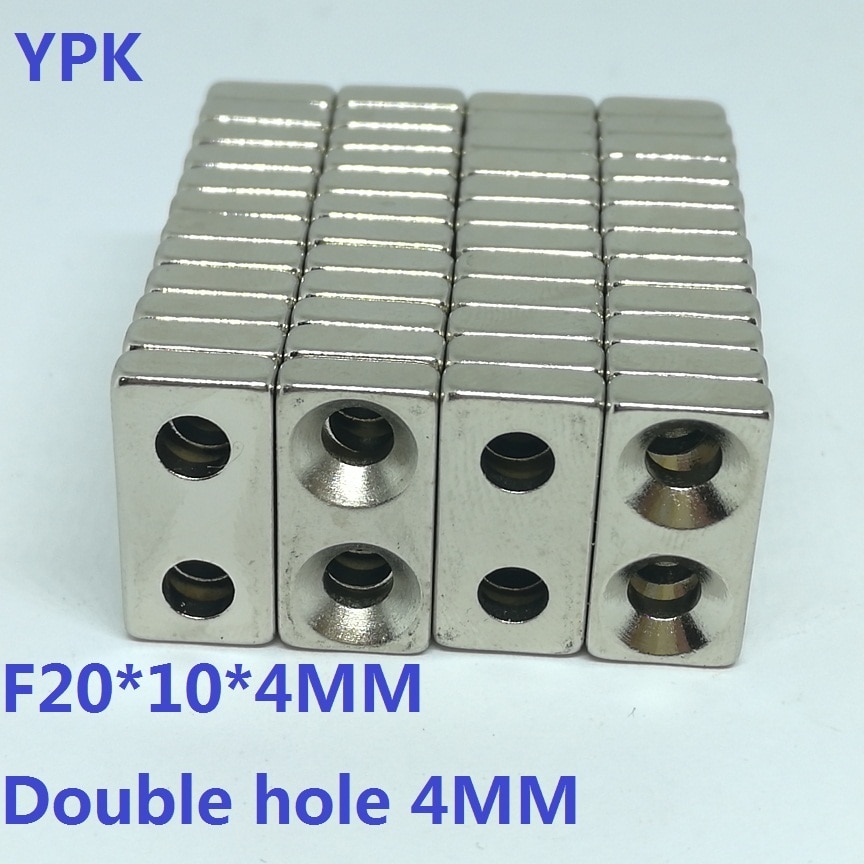 50 stks/partij Neodymium Gat Blok N35 magneet 20*10*4mm 2 gat D4mm magneet 20mm x 10mm x 4mm NdFeB Magneet 20x10x4mm