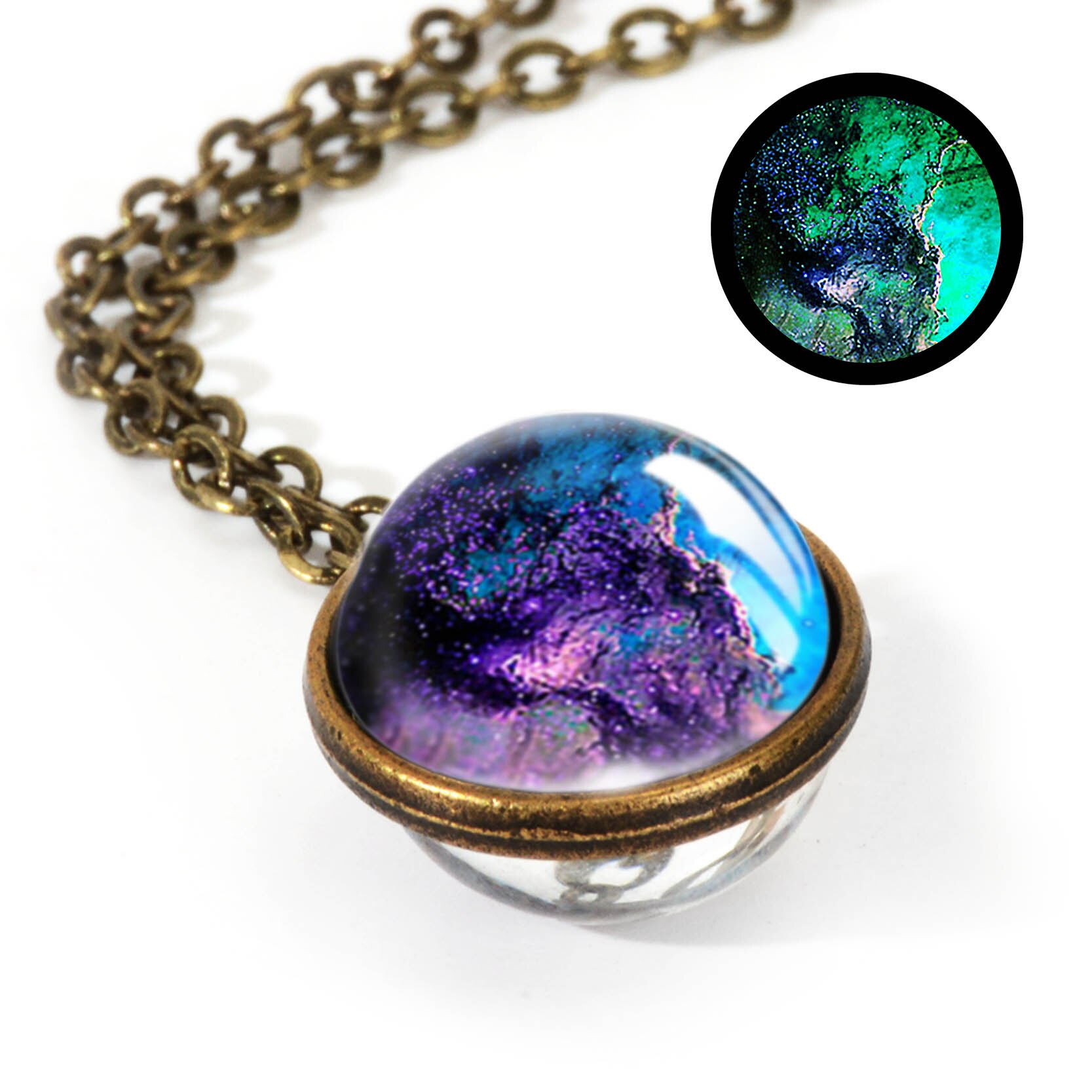 Nebula Galaxy Double Sided Pendant Necklace Universe Planet Jewelry Glass Art Picture Handmade Statement Necklace: LGS0034-Luminous