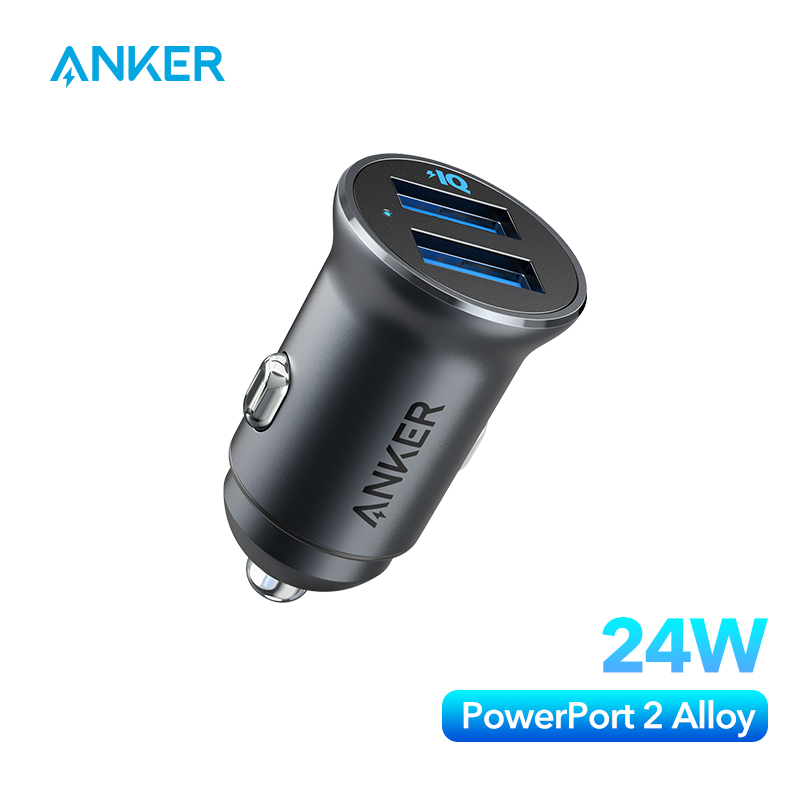 Adaptador do carro do ajuste nivelado da liga do usb 2 com diodo emissor de luz azul para o iphone 12 carregador rápido do carro de anker mini 24w 4.8a metal duplo