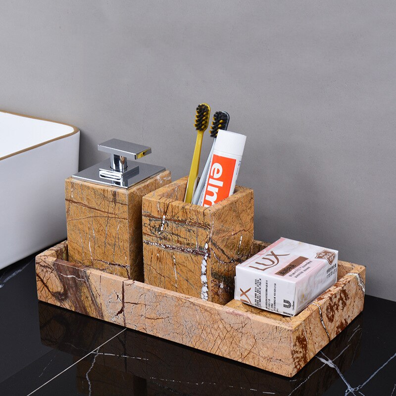 Fancy Brown Natural Marble Bathroom Accessories Sets Luxury Retro Soap Dispenser Toothbrush Holder Soap Dish Bathroom Kit