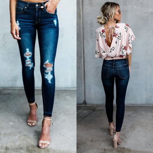 Women Pencil Stretch Look Denim Skinny Pants High ... – Vicedeal