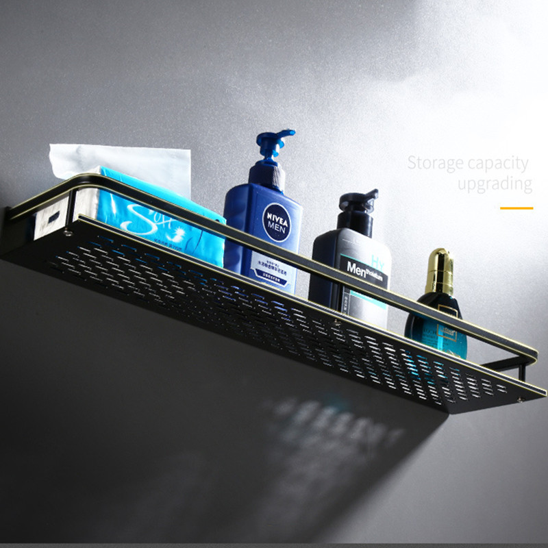 Badeværelsehylde sort aluminium vægmonteret firkantet shampoohylde kosmetiske hylder køkkennet hylde opbevaringsstativ arrangørstativ