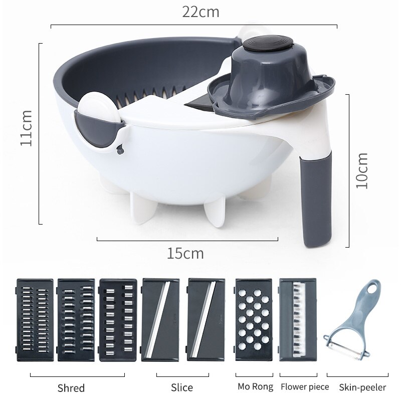 Multifunctionele groentesnijder 9 in 1 raspsnijder roterende afvoermand rasp keukengereedschap geraspte en gesneden groenten: Default Title