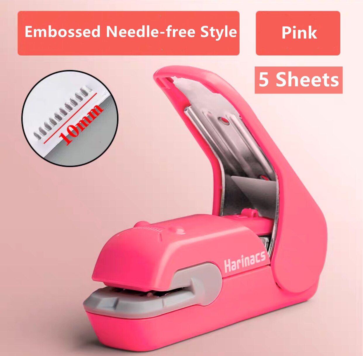 KOKUYO Stapleless Stapler Free Stapler Book Paper Mini Portable No Staples School Office Supplies For 5 Sheets or 10 Sheets: Embossed Style-Pink
