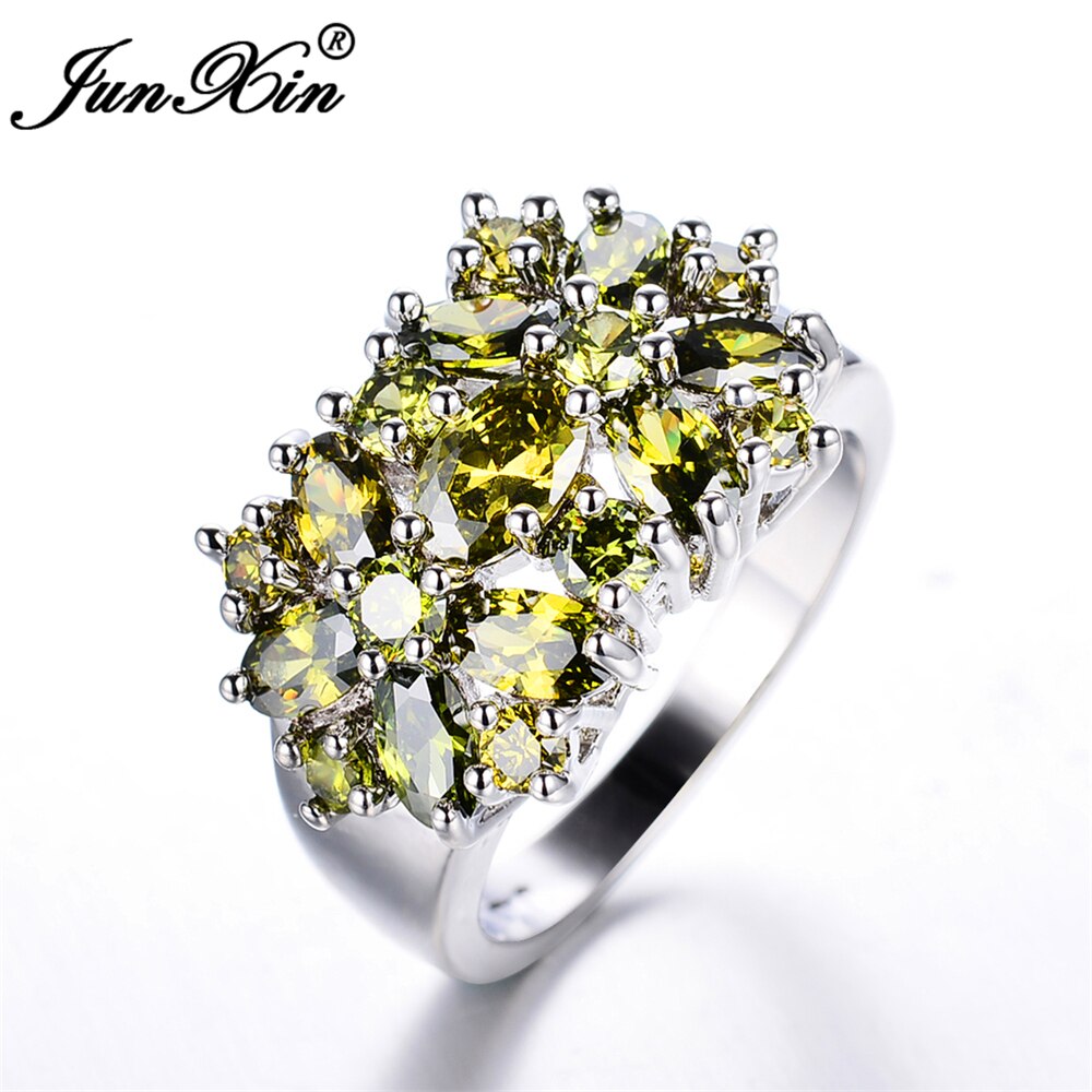 Junxin moda femminile peridot fiore zircone anello di lusso in oro bianco riempito di cristallo gioielli vintage anelli di cerimonia nuziale per le donne