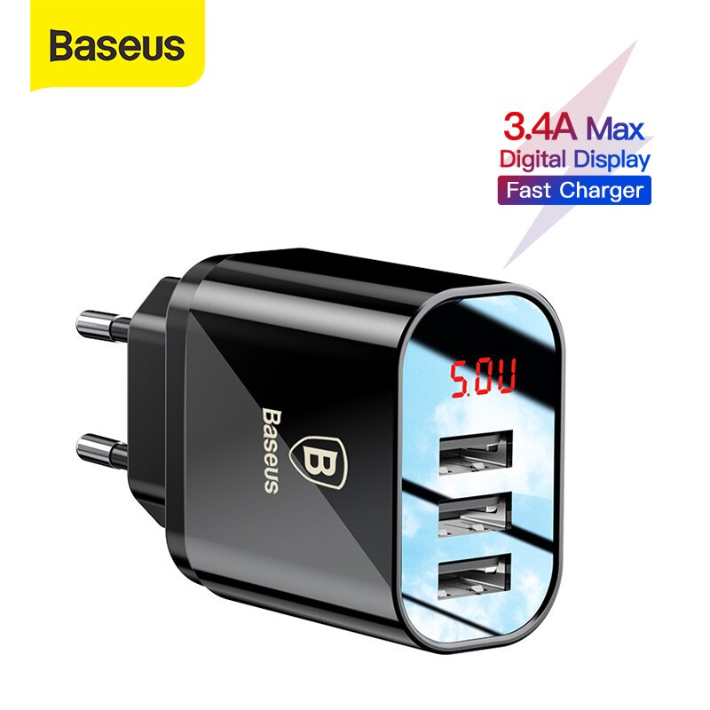 Baseus 3 Poorten Lader Met Digitale Display 3.4A Max Snelle Opladen Muur Adapter Oplader Voor Telefoon