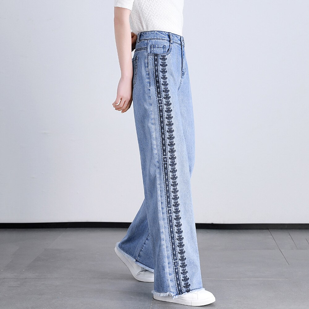 Pantalones vaqueros de pierna ancha con bordado para mujer, Vaqueros holgados de talla grande con borde suave en bruto, cintura Extra larga, 2022