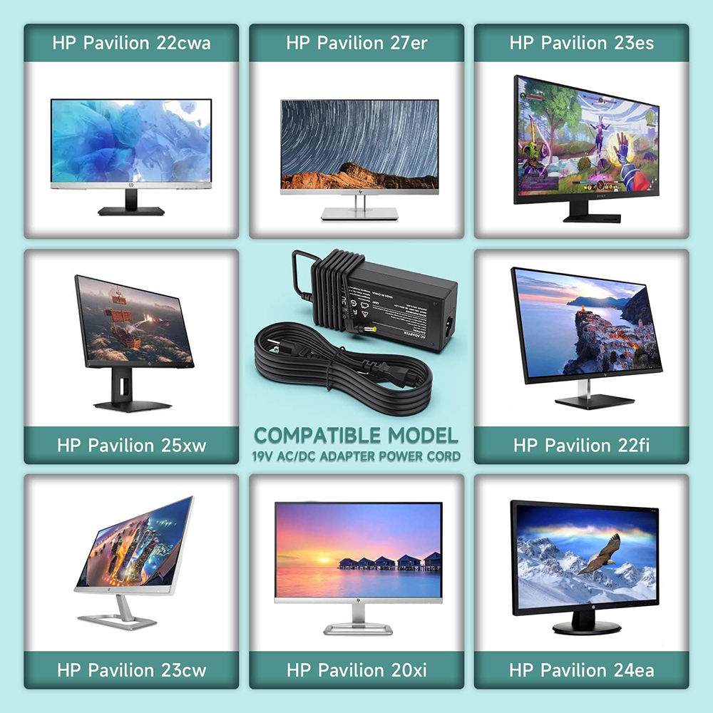 19V AC/DC Adapter Power Cord for HP Pavilion 27xw 27xi 27bw 27er 23es 27es 25 24ea 25xw 25bw 25xi 22cwa 22bw Inch IPS Monitor