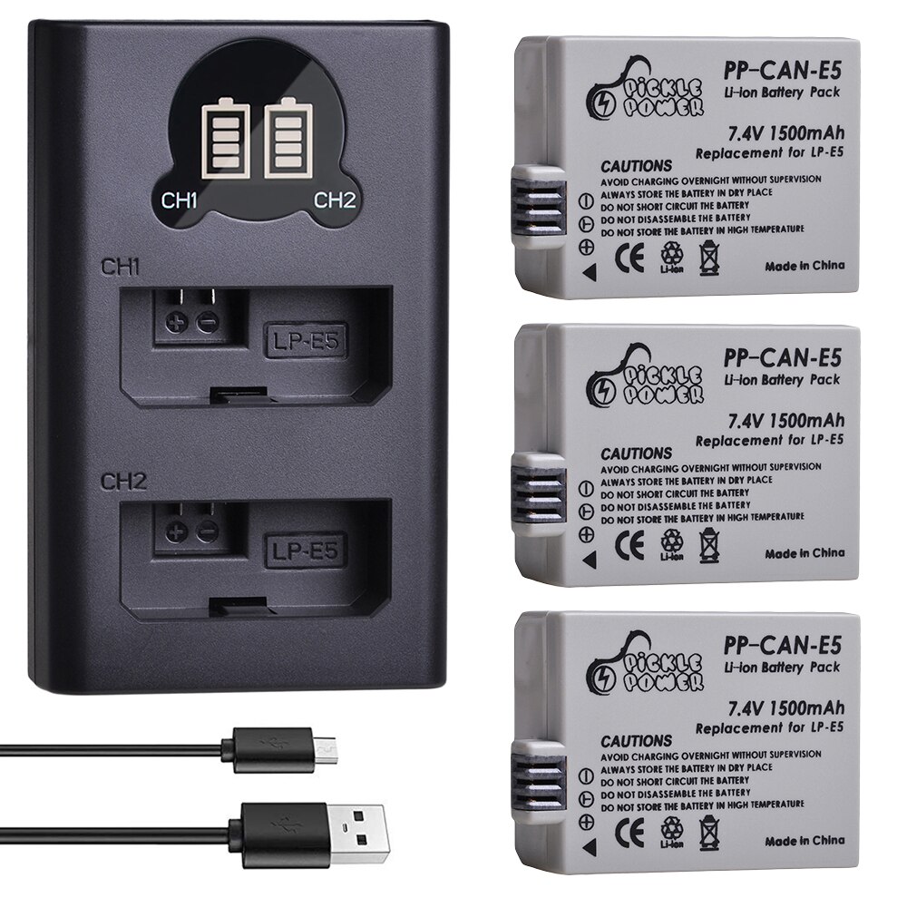 LP-E5 LPE5 LP E5 Camera Battery + LED Daul USB Charger for Canon EOS 1000D 500D 450D Kiss X3 X2 F EOS Rebel XS XSi Rebel T1i.: Charger and 3Battery