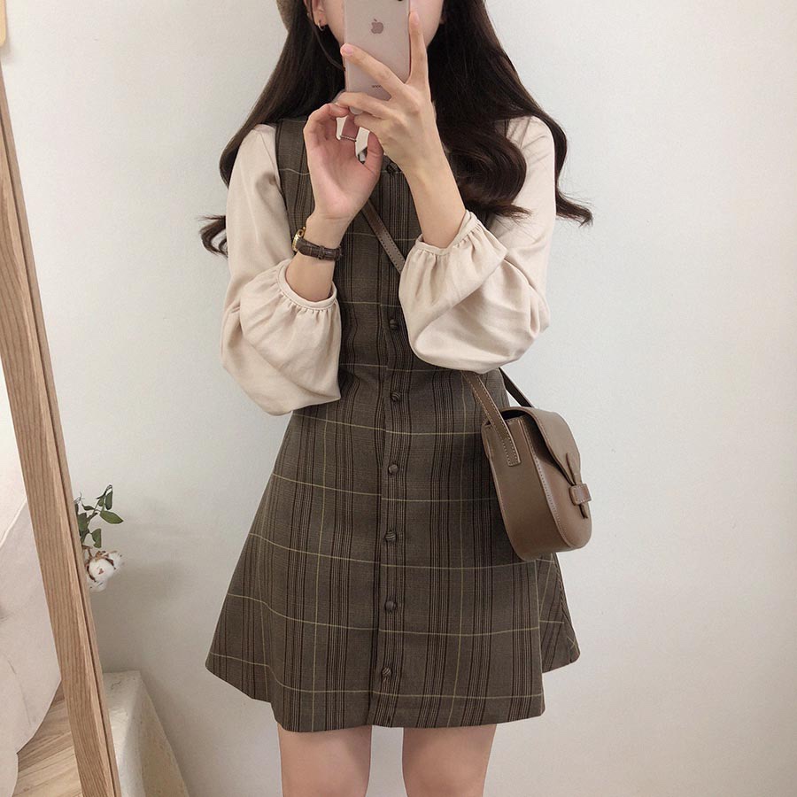 Preppy Sty – tenues assorties pour filles japonaises, robe chemise trapèze à carreaux pour dames, automne printemps 2023