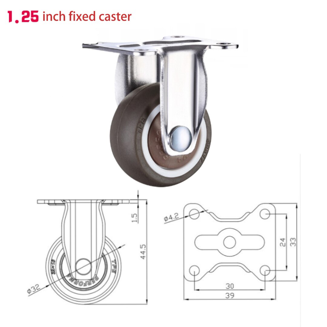 1.25inch 4PCS Swivel Casters with Brake for Furniture Soft Rubber TPE Wheels Platform Trolley Chair Household Aaccessories: fixed