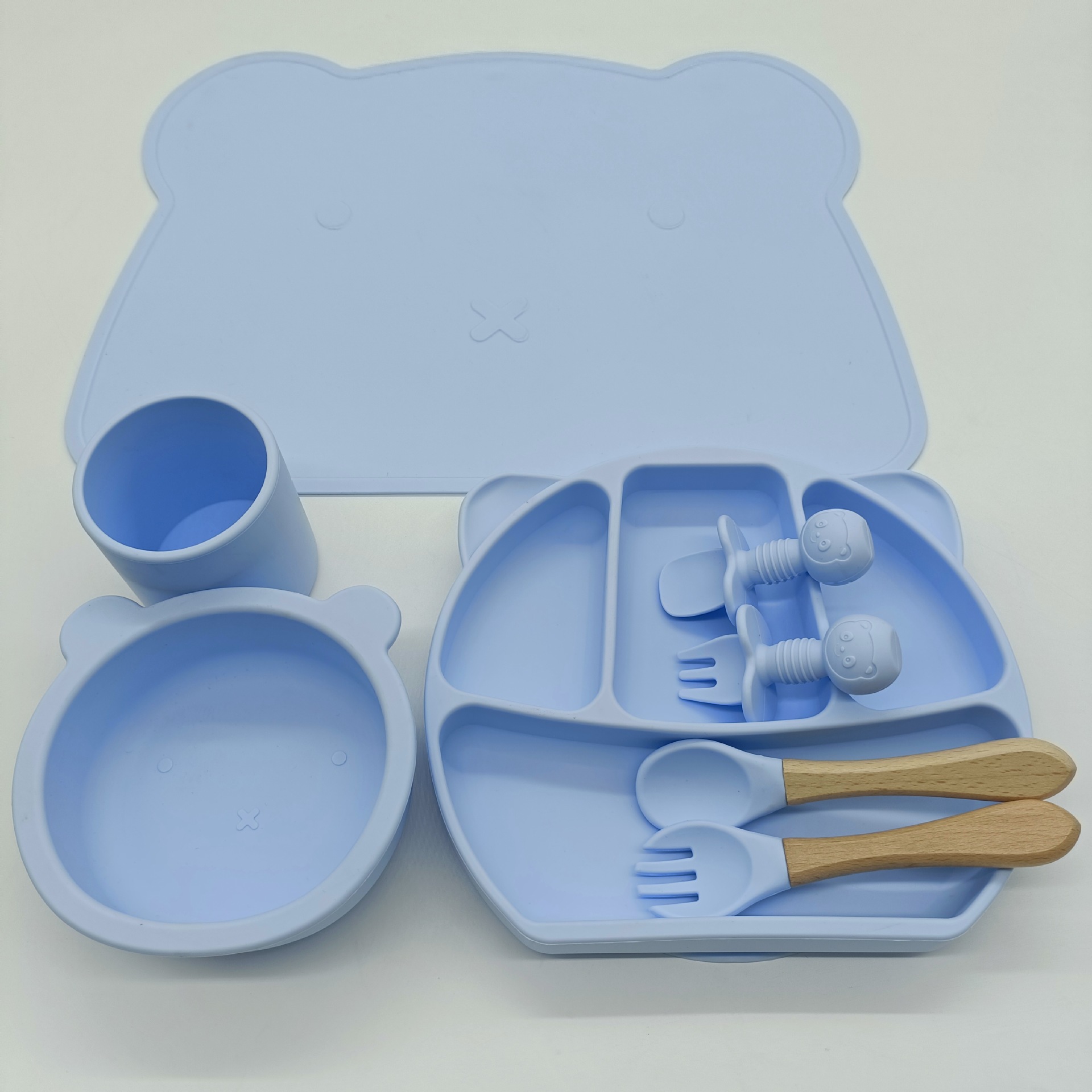 8PC Baby Silicone Sucker Plate Bowl Cup Spoon Fork Placemat Sets Food Grade Children&#39;s Compartment Training Dishes With Sucker