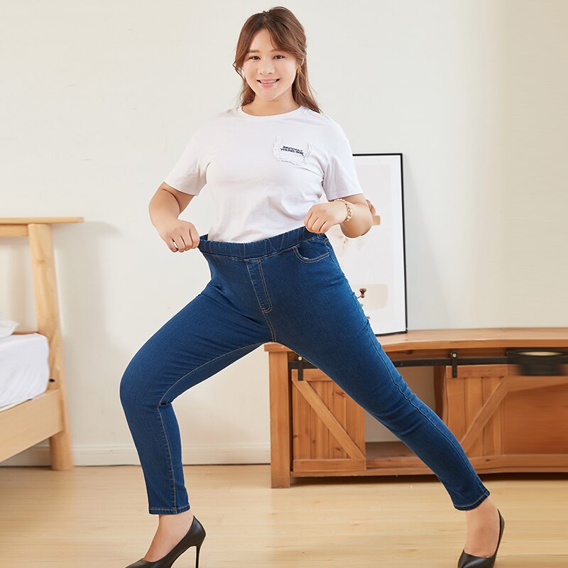 Plus Size Kleding L-6XL Vrouwen Elastische Taille Jeans Hoge Taille Skinny Bochtige Denim Mom Jeans Toevallige Potlood Broek Dame broek