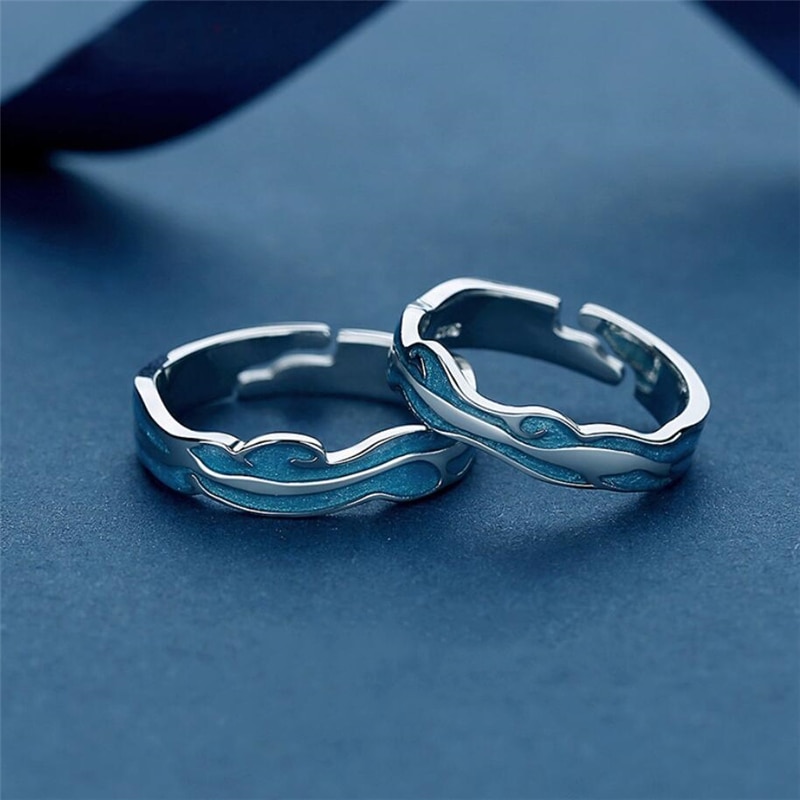 Eneste hukommelse blå dråbe glasur bølge parring sød romantisk 925 sterling sølv kvindelige resizable åbningsringe sri 454