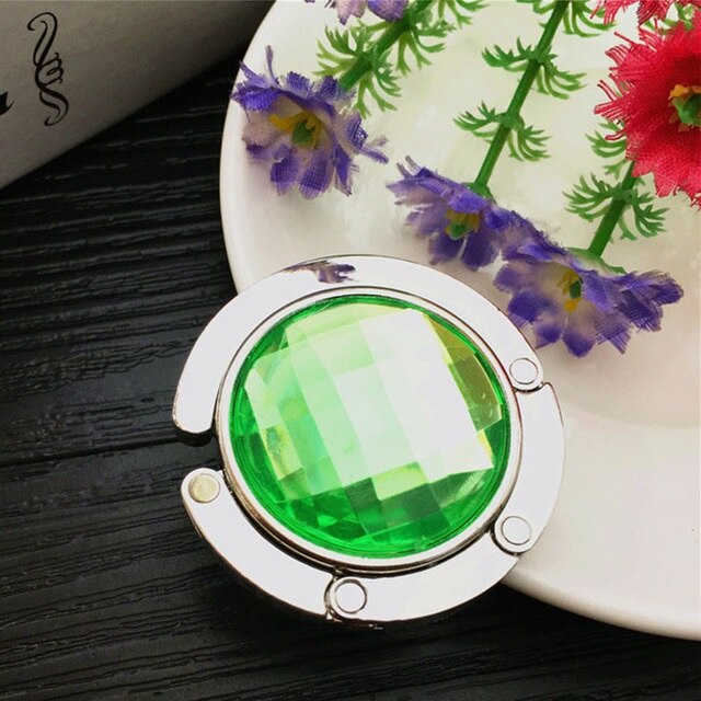 practical Portable Folding Table Desk Hanging Clip Crystal Alloy Purse Handbag Bag Hanger Hook Holder Desk Hanging Hook: Pale green