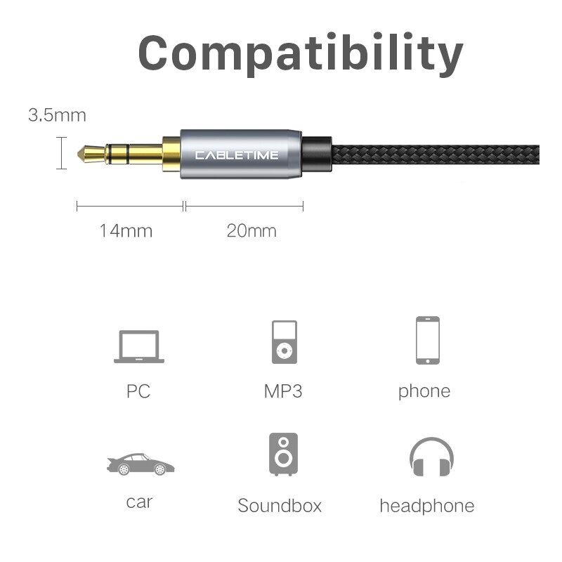Cabletime 3.5 Mm Jack Hoofdtelefoon Upgrad Grey Audio Kabel Aux Verlengkabel M/F Voor Xiaomi Huawei P20 Versterker c104