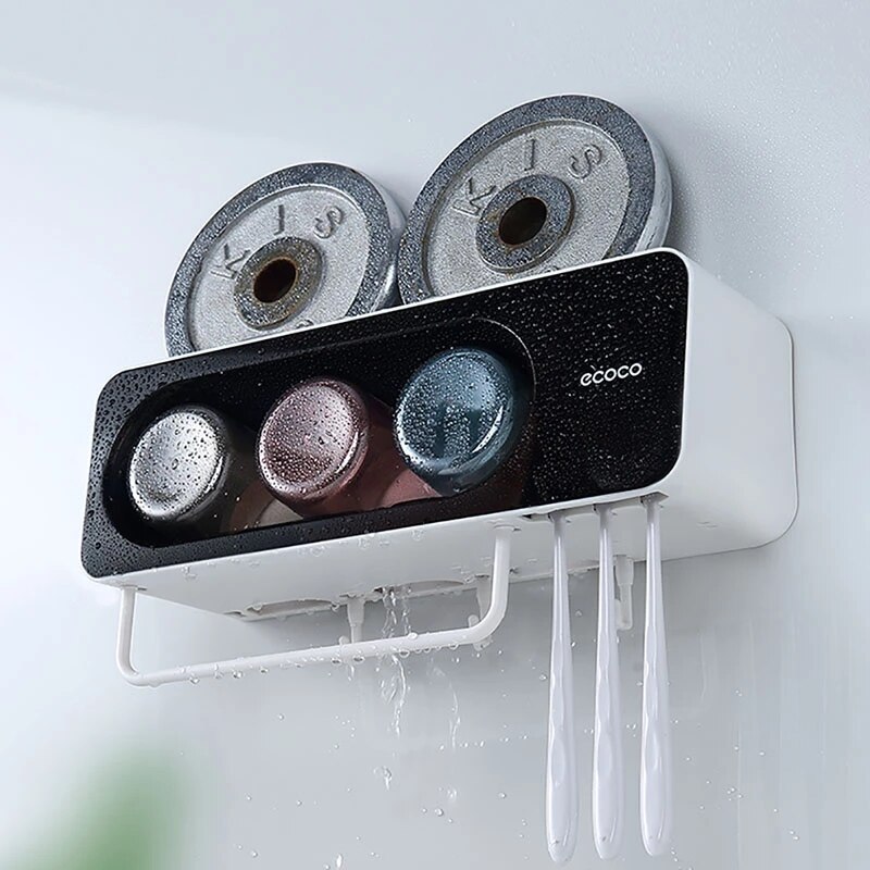 ECOCO Multifunctional Toothbrush Holder Towel Bar Free Punching Automatic Toothpaste Dispenser Squeezer Bathroom oom Accessories