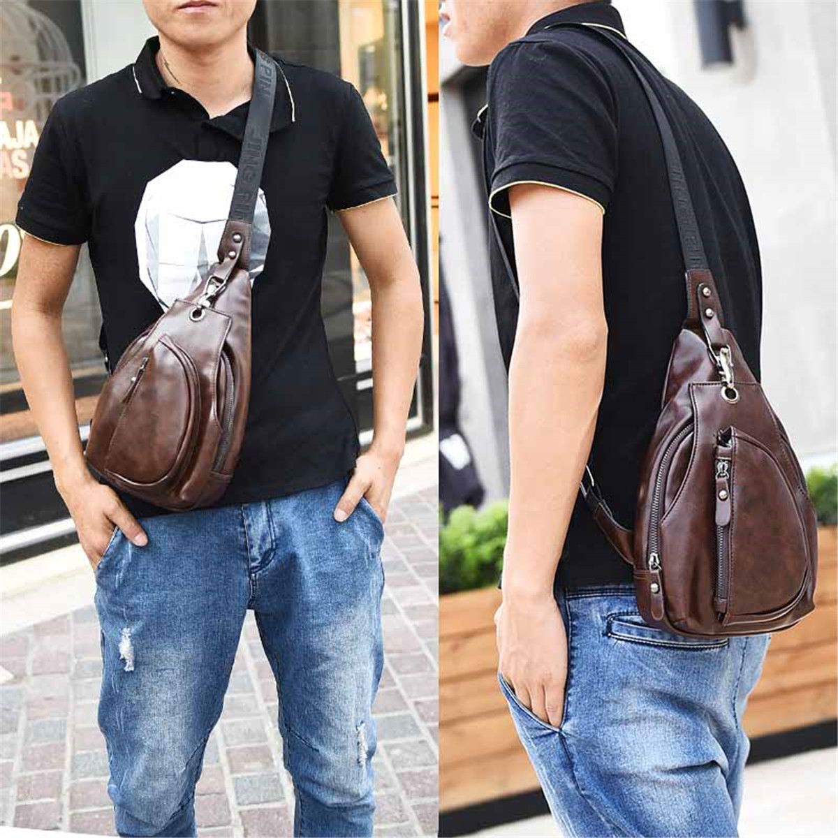Handbag For Men's Chest Bag Men Leather Chest Pack Leather Backbag With Headphone Functional Travel Organizer Male Sling Bag