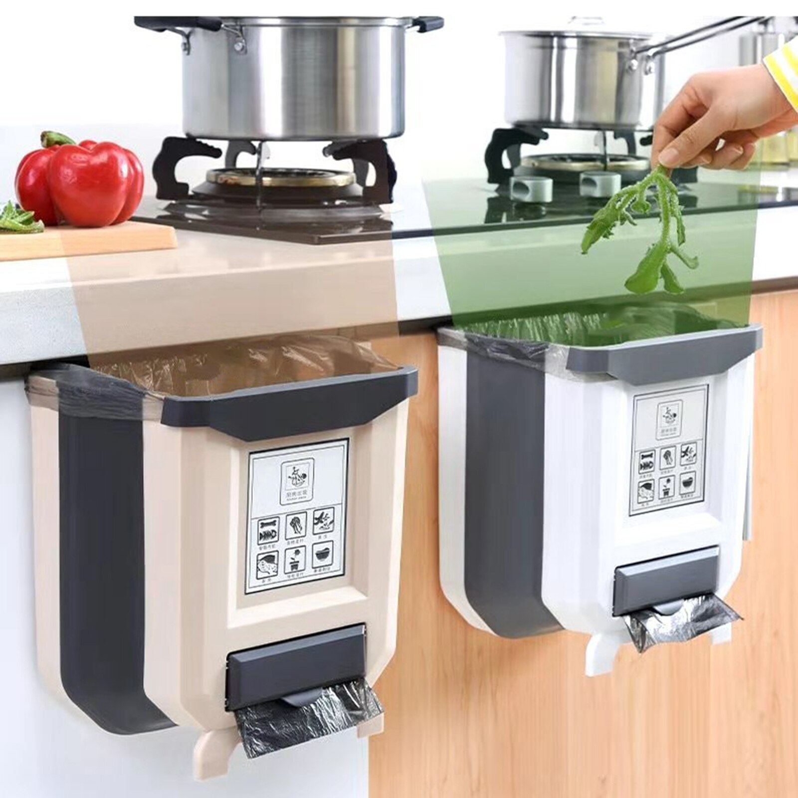 Kitchen Door Hanging Trash Can Garbage Bin Rubbish Container Collapsible Pull Out Trash Can Scrap Trap Under Cabinet Storage Box