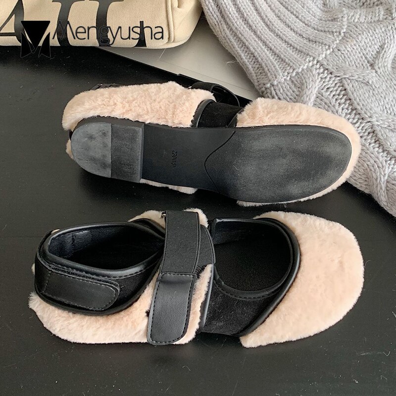 Pörröiset leopardihousut nainen koukku ja silmukka mary janes talvipehmo lolita kengät naiset lampaanvilla mokasiinit lämpimät fleece-loaferit