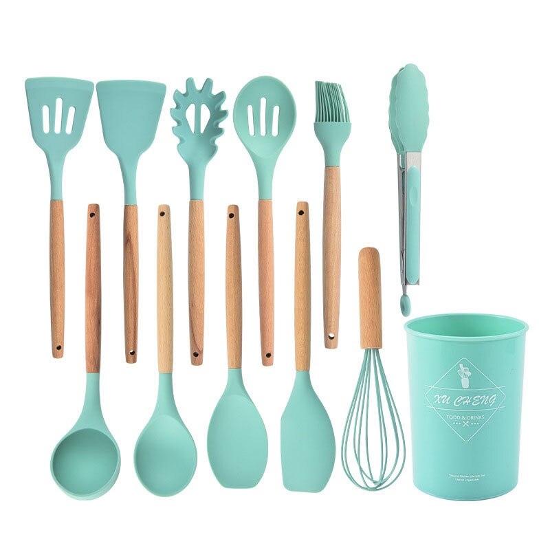 Kitchen Silicone 12-piece Set Wooden Handle Nonstick Silicone Cookware Set: B