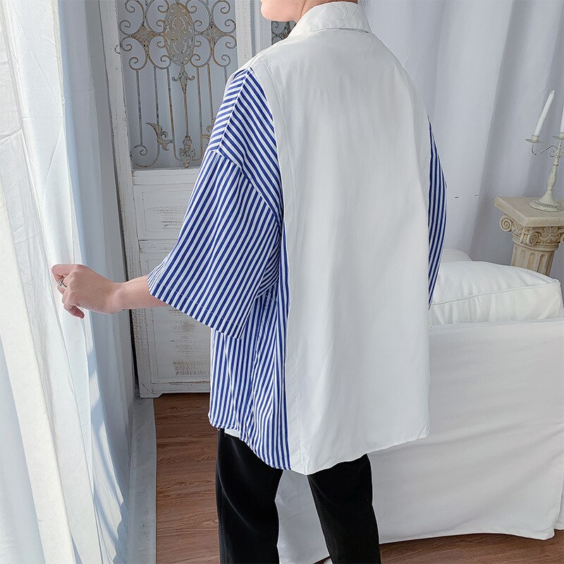 Listrado meia manga camisa masculina de grandes dimensões verão solto estilo coreano camisas masculino topo