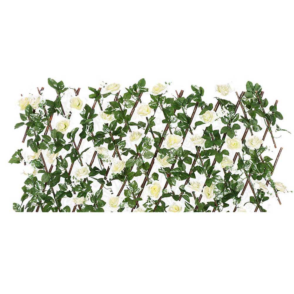 Garden Decoration Artificial Fence Wooden Hedge Expanding Trellis Screening UV Protection Privacy Screen Outdoor Cloth Flowers: White